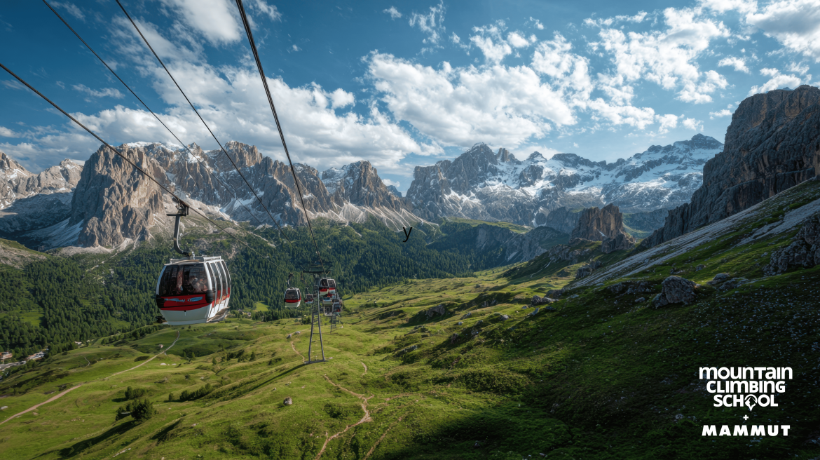 Kolejka linowa w Dolomitach: widok na górską dolinę i wapienne szczyty
