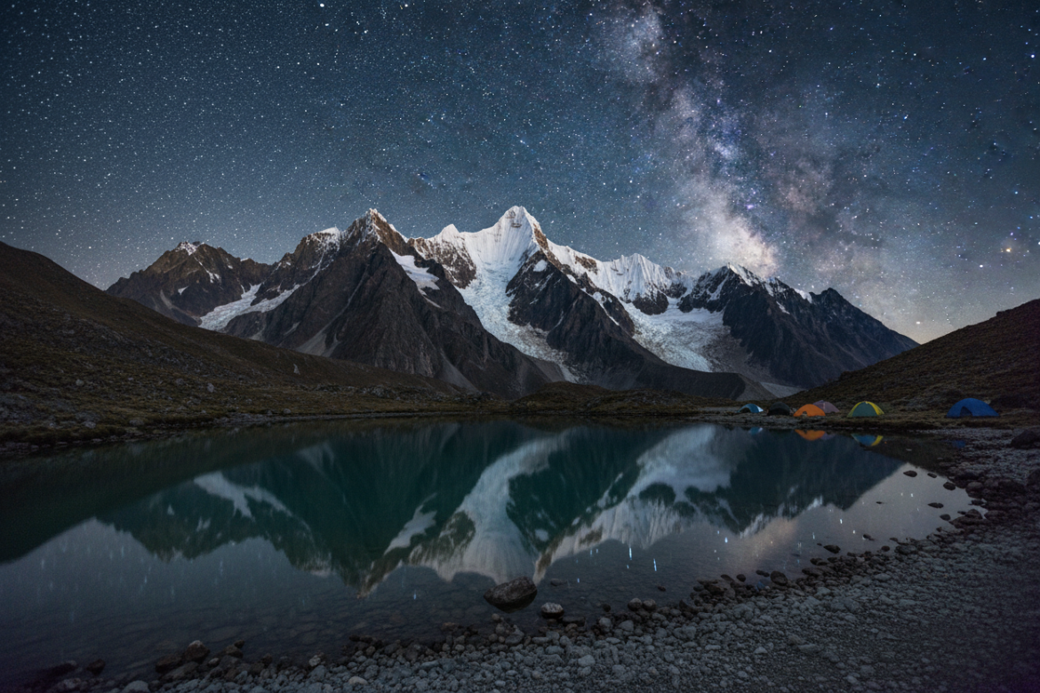 Noc w Huayhuash: Jirishanca nad laguną i odbicie gwiazd, Peru