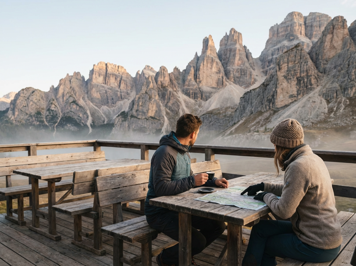 Poranek w schronisku Dolomitów – trekker z espresso i widokiem na góry
