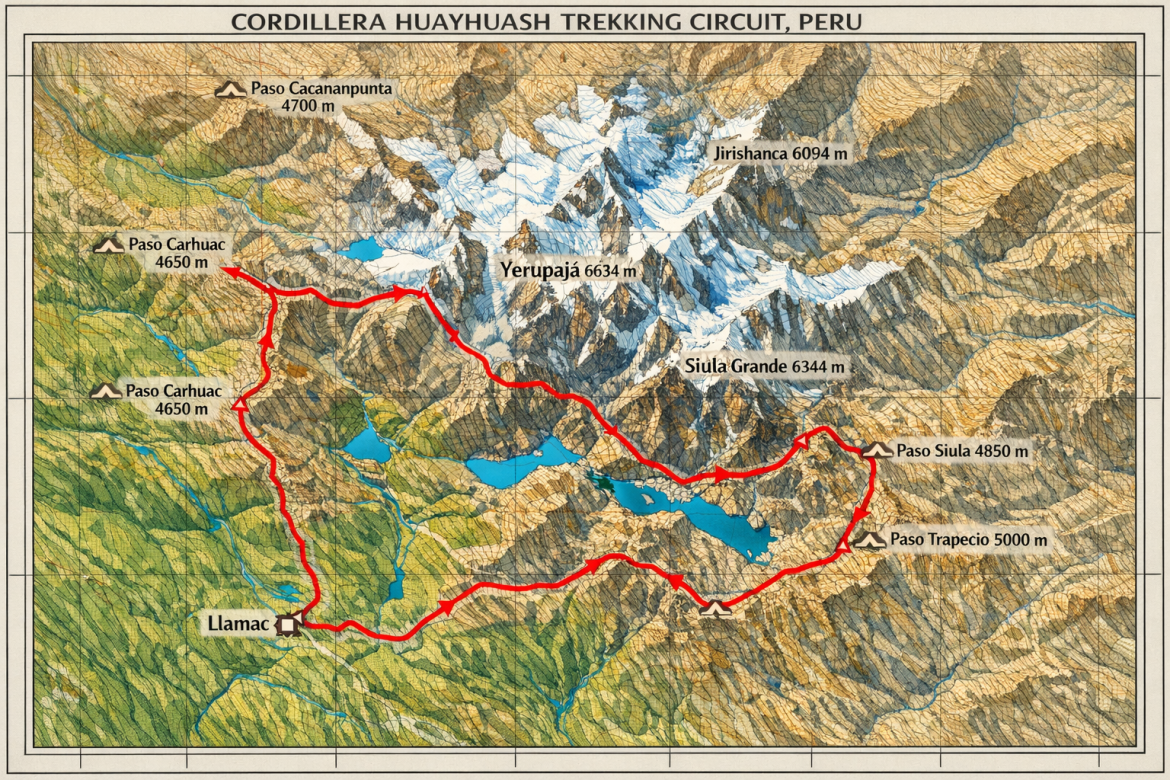 Mapa topograficzna trasy trekkingu Cordillera Huayhuash w Peru, pokazująca pełną pętlę (czerwona linia) wokół grani górskiej. Zaznaczone szczyty: Yerupajá 6634 m, Siula Grande 6344 m, Jirishanca 6094 m. Przełęcze: Paso San Antonio, Paso Trapecio, Paso Siula, Paso Carhuac, Paso Cacananpunta. Jeziora: Laguna Carhuacocha, Laguna Jahuacocha. Campamenty Día 1-10 zaznaczone ikonkami namiotów. Start w Llamac.