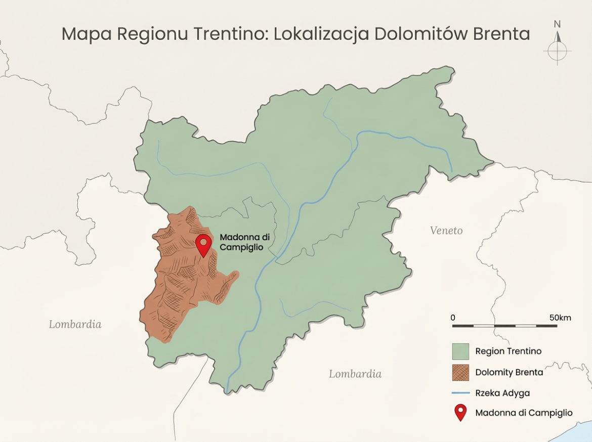 lokalizacja Dolomitów Brenta w regionie Trentino